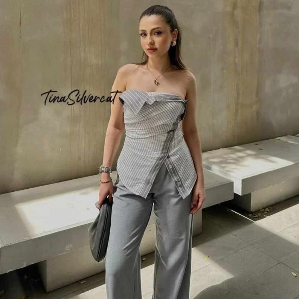 BLOGGER'S FAVE! Zara 2 Piece Pants With Side Stripe & Strapless Top Mid Gray NWT
